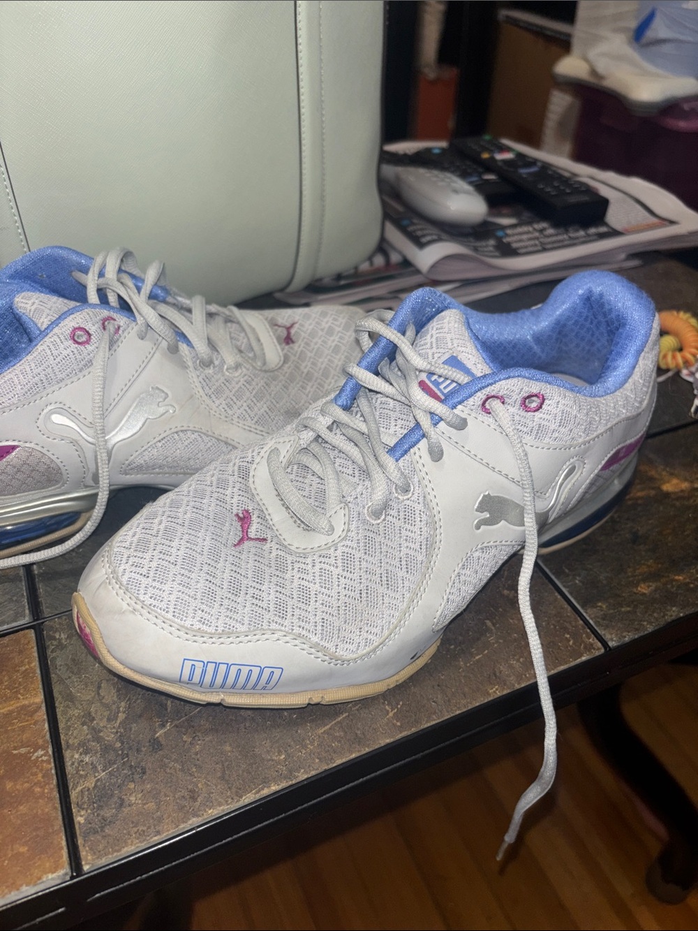 Puma Women's White Athletic Sneakers with Blue Liner and Pink Accents - Picture 6 of 8